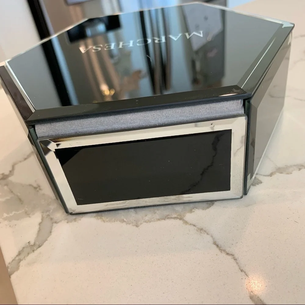 Marchesa Black Hexagon Mirrored Glass Velvet-Lined Jewelry Vanity Trinket Box